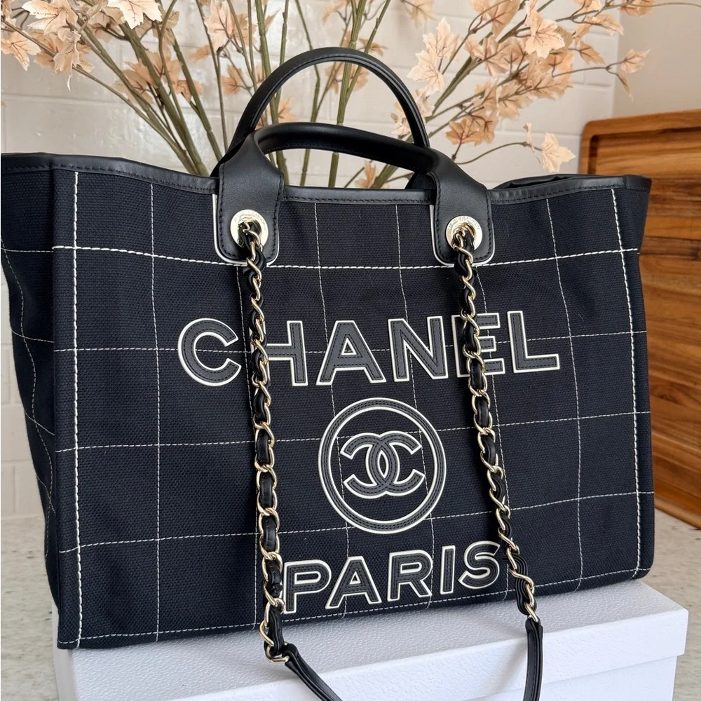 CHANEL Black Grid Canvas Tote with Chain-and-Leather Straps and Matching Pouch - Picture 12 of 14